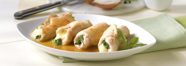 Saltimbocca (roulés de poulet) farcis au Galbanino et menthe