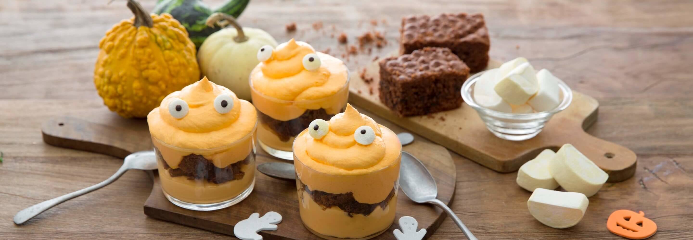 Monstres en pot (crème de potiron et sponge cake au chocolat)